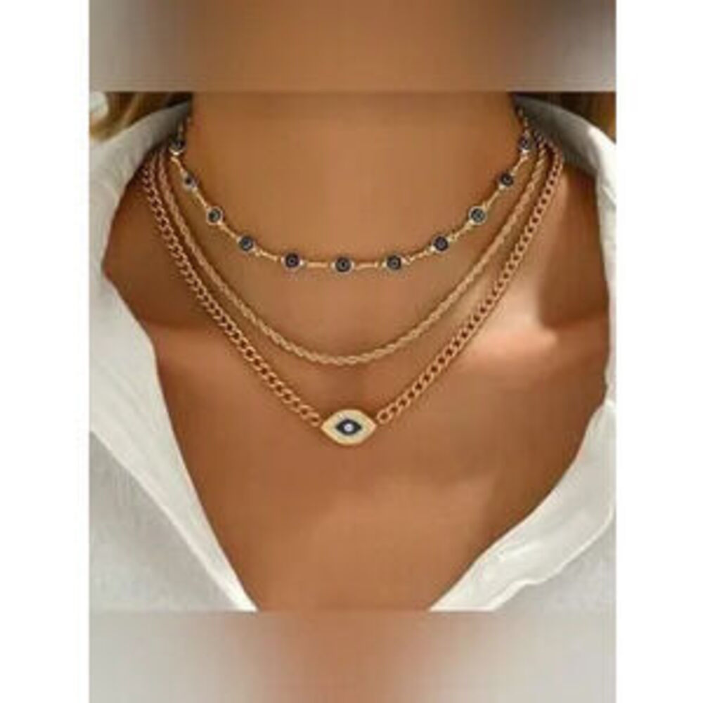 Gold Tone Evil Eye Layered Necklace Set 3PC Cuban Chain Stack Dainty